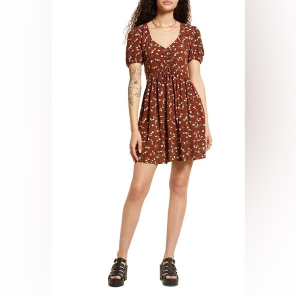BP Printed Woven Babydoll Minidress In Rust Kasey Ditsy Brown Size XS NWOT